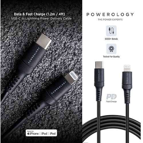 کابل تبدیل Type-C به Lightning پاورولوژی مدل P12CLV2BK PVC Type-C to Lightning Cable