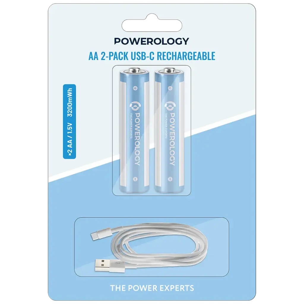 پک 2 تایی باتری قلمی شارژی پاورولوژی Powerology AA 2-Pack USB-C PWAA322