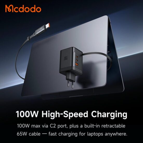شارژر آداپتور دیواری 4پورت 100وات مک دودو مدل MCDODO GaN CH-8470 با کابل جمع شونده تایپ سی