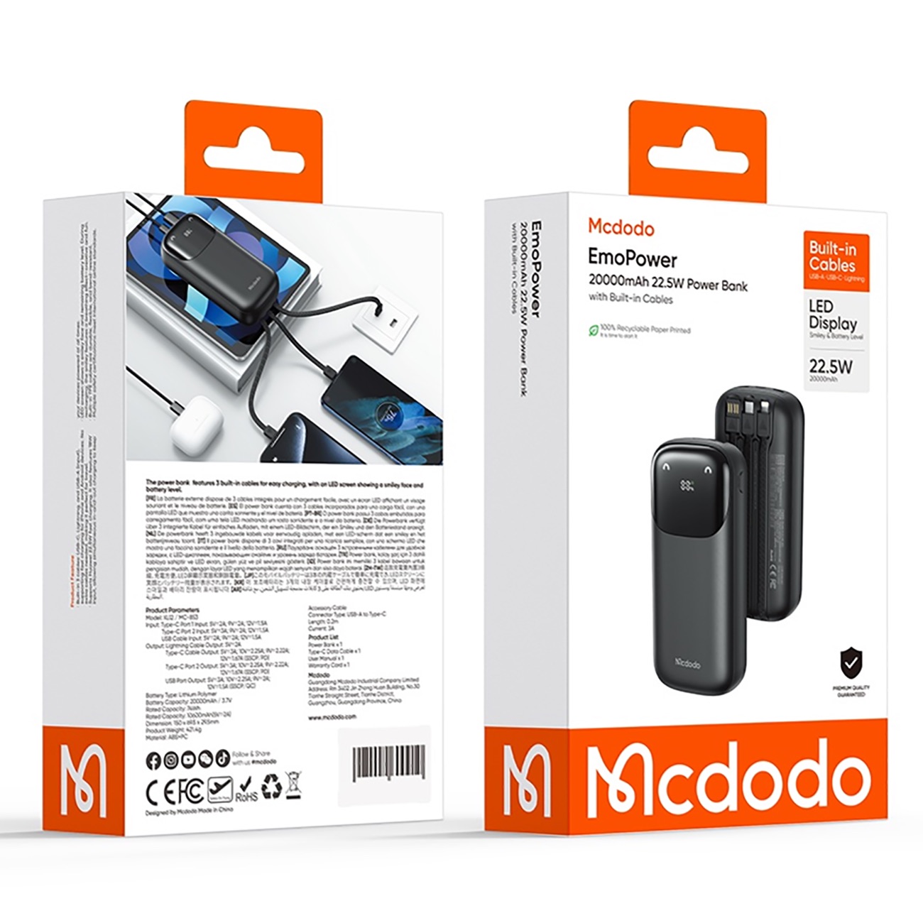 پاور بانک 20000 مک دودو MCDODO مدل MC-8530 توان 22.5وات با کابل