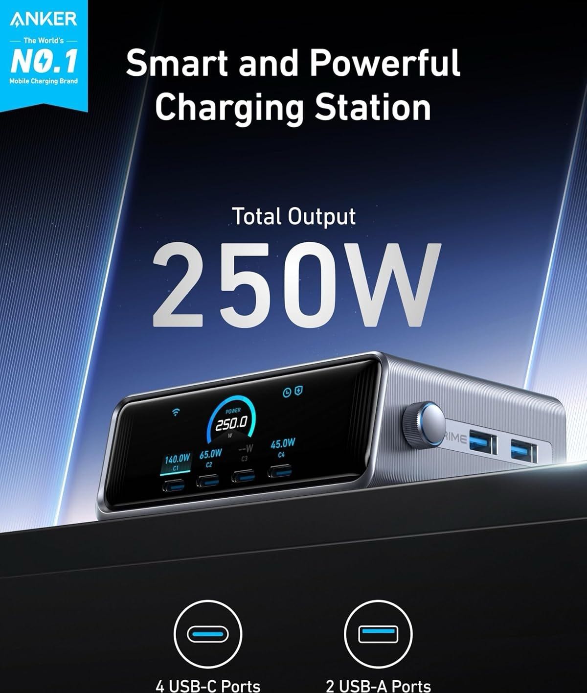 شارژر رومیزی انکر 6 پورت 250 وات گان پرایم مدل Anker A2345