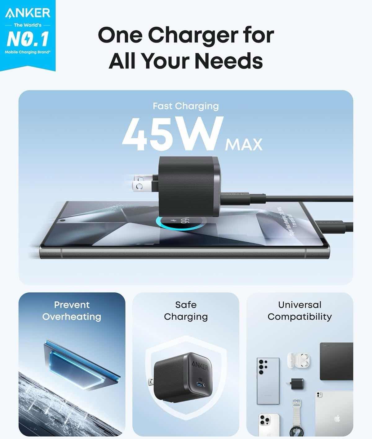 شارژر دیواری انکر مدل A2692 توان ۴۵ وات USB-C