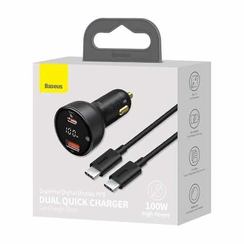 شارژر فندکی باسئوس مدل Superme Digital Display 100w به همراه کابل تبدیل USB-C