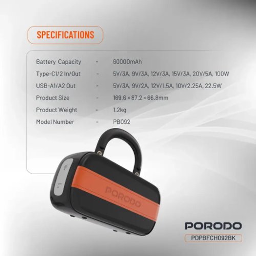  برند: پرودو (Porodo) ظرفیت باتری: ۶۰۰۰۰ میلی‌آمپر ساعت توان خروجی کل: ۱۰۰ وات نوع باتری: لیتیوم-پلیمر (Li-Po) پورت‌های خروجی: USB-C (PD)، USB-A (QC) پورت‌های ورودی: USB-C (PD) تکنولوژی شارژ سریع: Power Delivery (PD), Quick Charge (QC)
