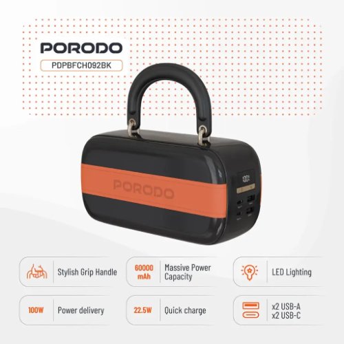  برند: پرودو (Porodo) ظرفیت باتری: ۶۰۰۰۰ میلی‌آمپر ساعت توان خروجی کل: ۱۰۰ وات نوع باتری: لیتیوم-پلیمر (Li-Po) پورت‌های خروجی: USB-C (PD)، USB-A (QC) پورت‌های ورودی: USB-C (PD) تکنولوژی شارژ سریع: Power Delivery (PD), Quick Charge (QC)